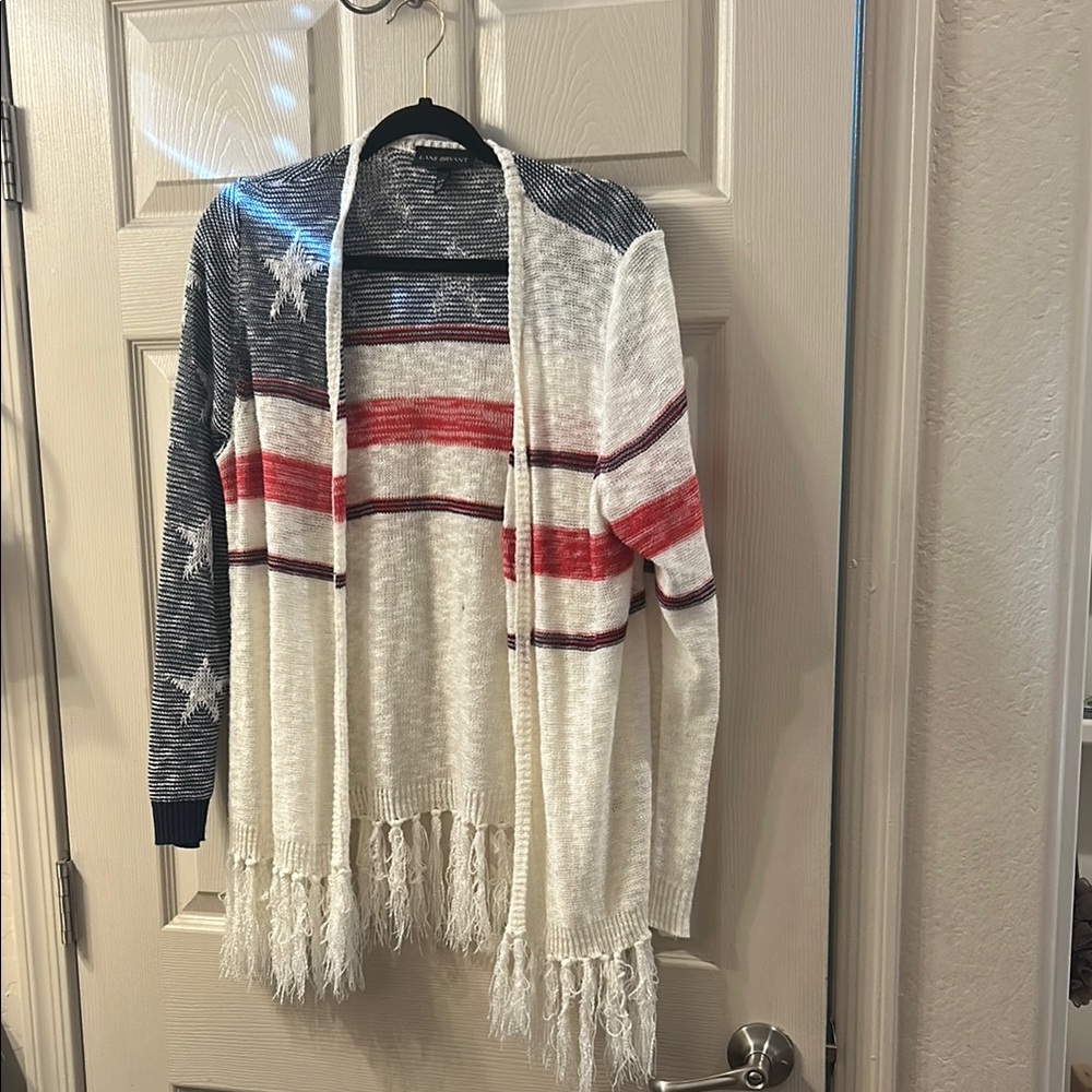 Fringed Open-Front Cardigan Sweater - Red, Blue, White